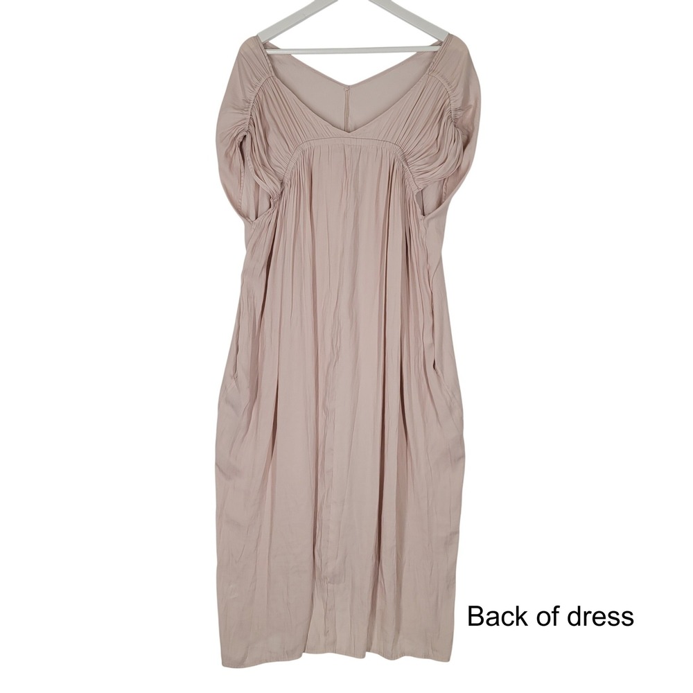 Grade & Gather Midi Dress Womens S/M Blush Pink V-Neck‎ Gathered Shoulder Satin